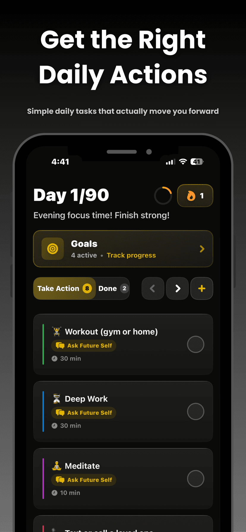 Home screen with daily action tasks