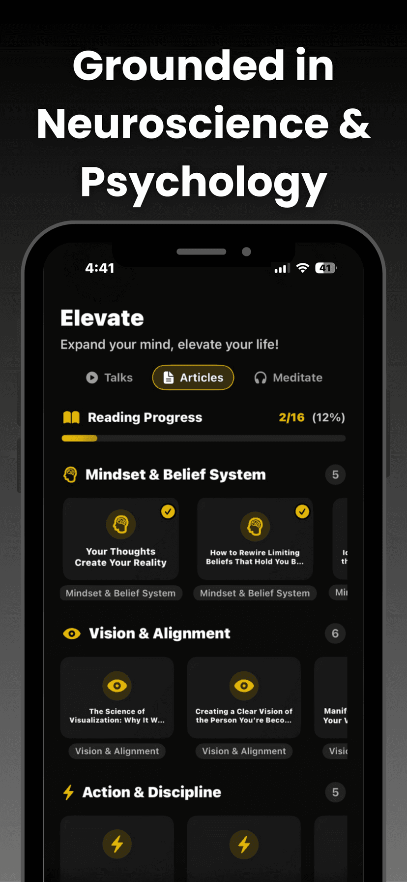 Elevate screen with articles on mindset and psychology
