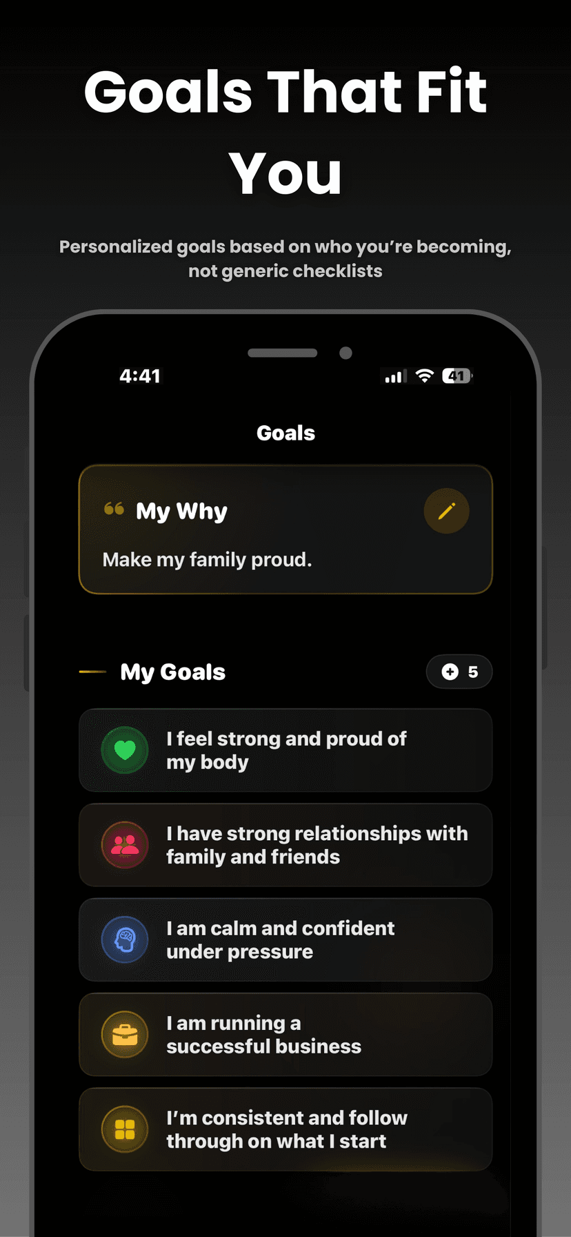 Goals screen showing My Why and personalized goals