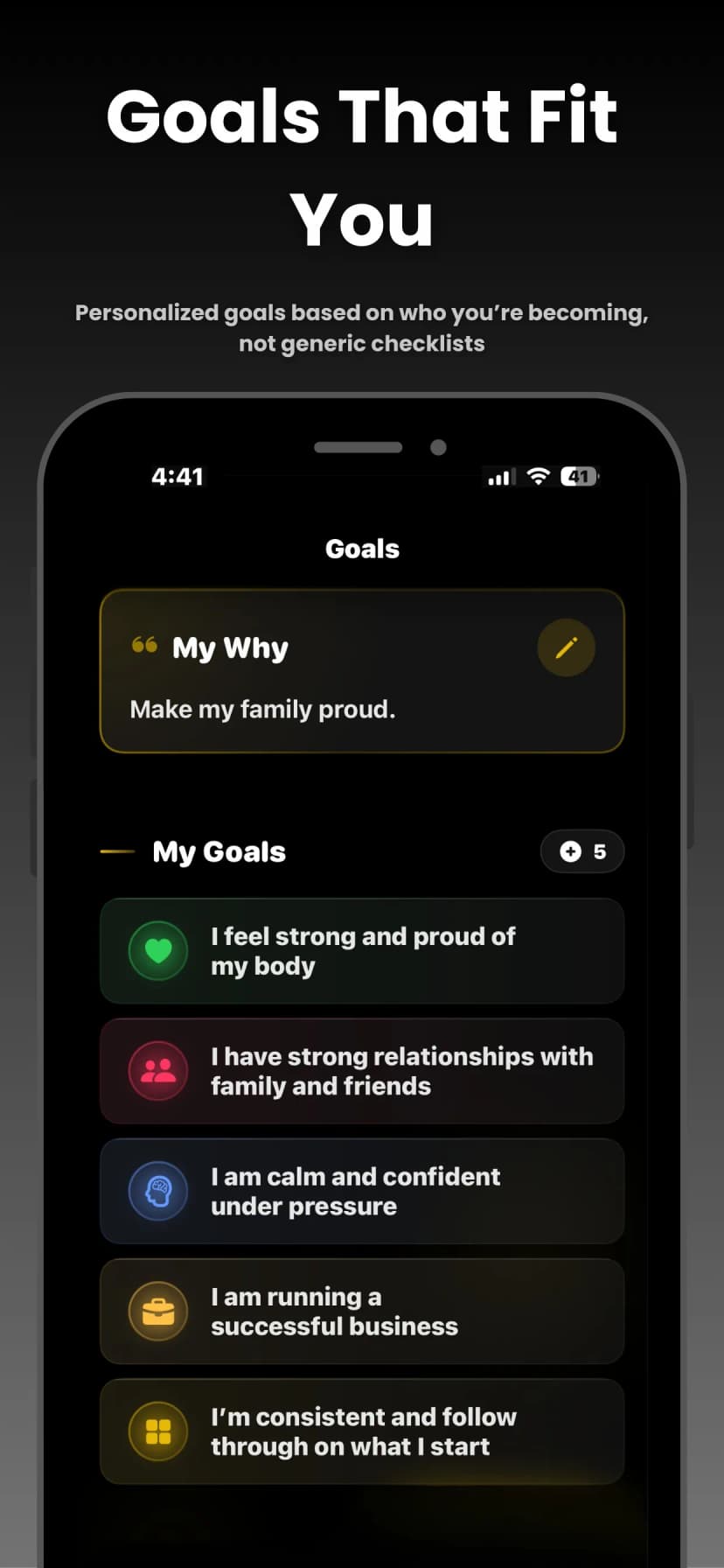 Goals screen showing My Why and personalized goals