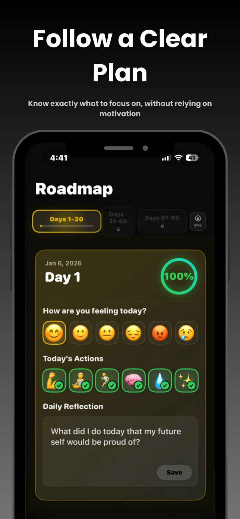 Roadmap screen with daily plan and reflections
