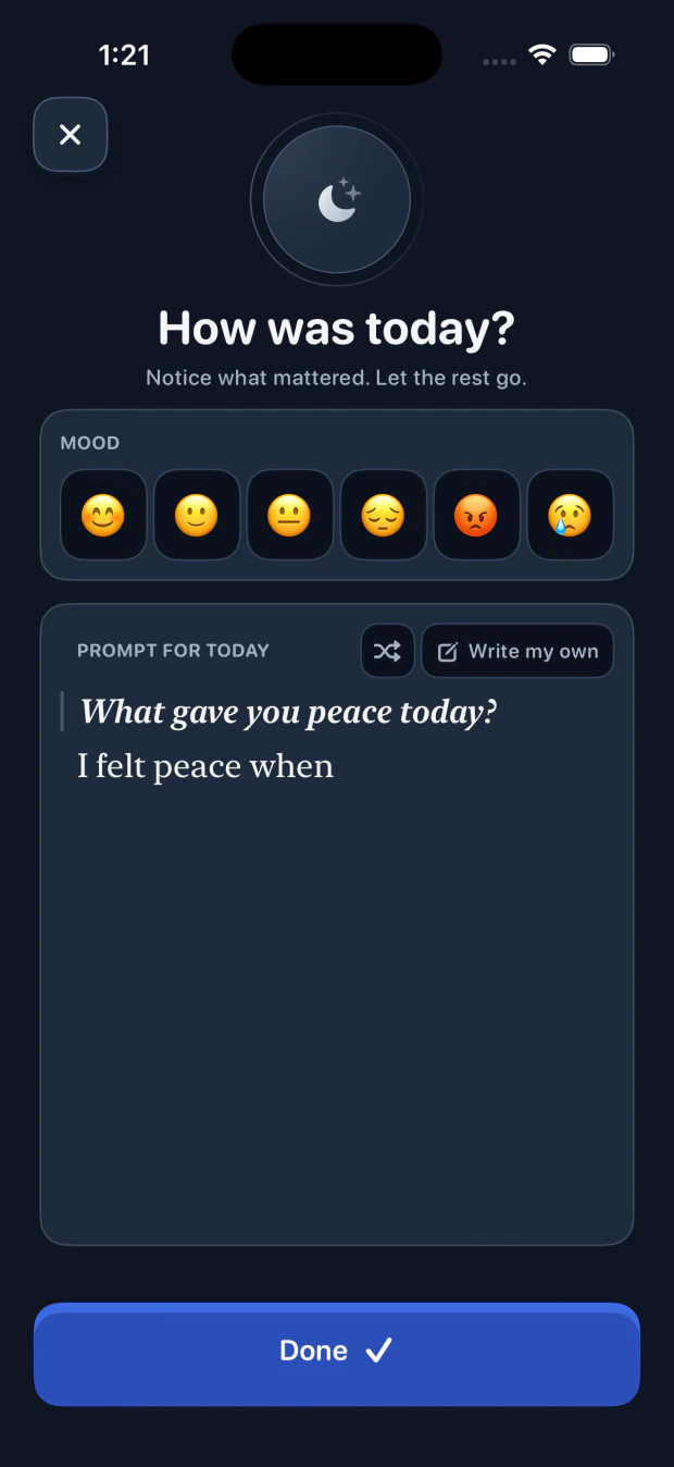 Evening check-in: a mood row and the reflection prompt What gave you peace today