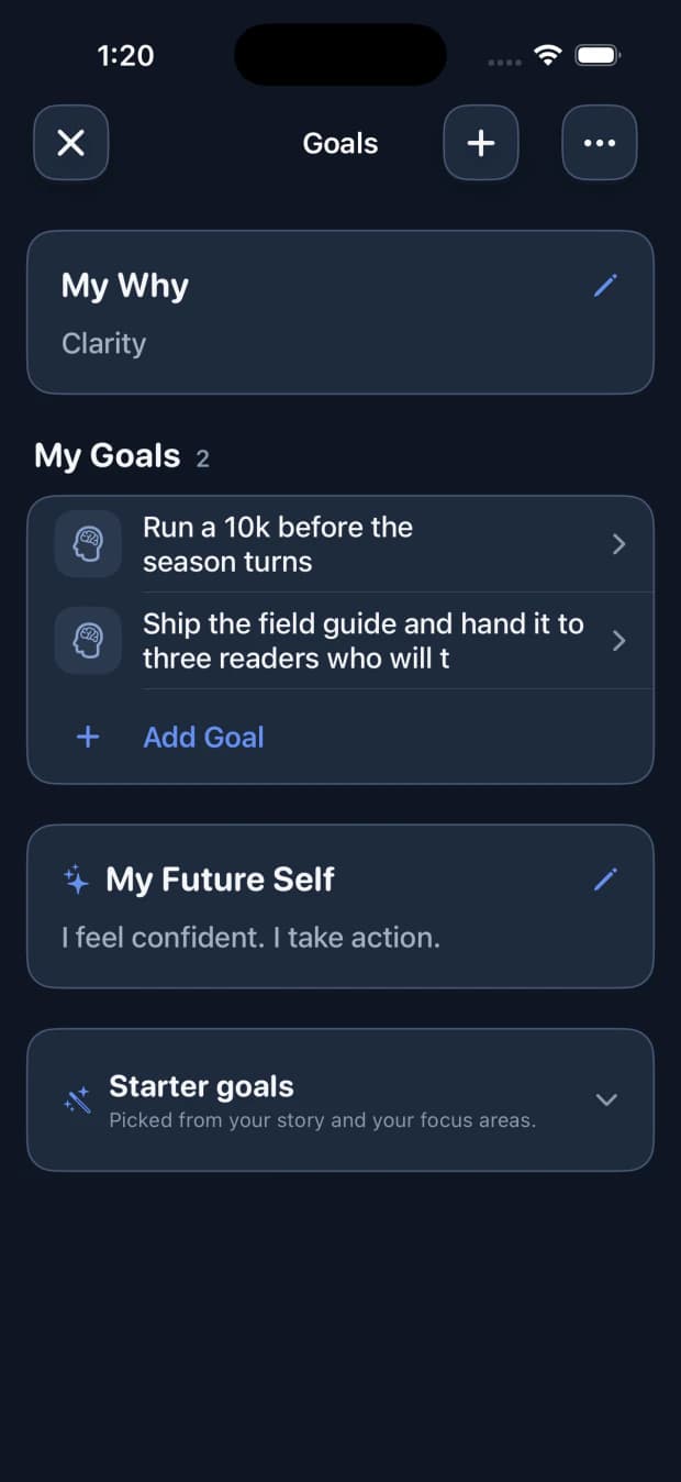 Goals screen: My Why, two personal goals, and the My Future Self statement