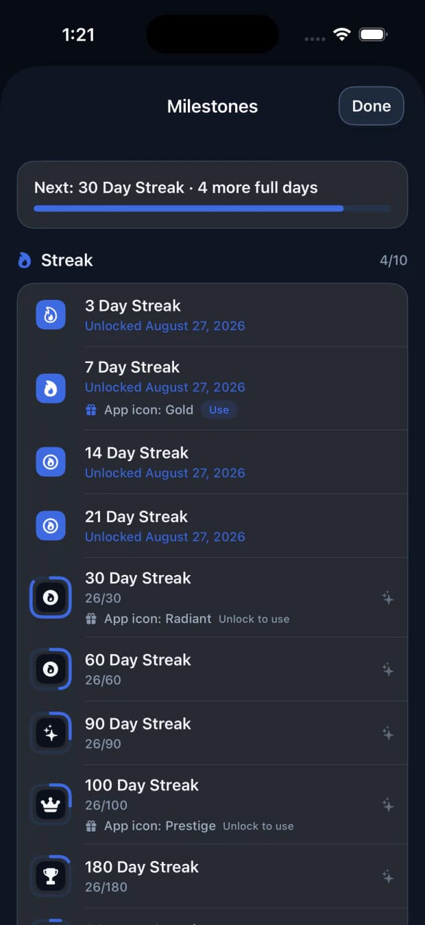 Milestones screen: the next streak milestone in progress above the unlocked streak ladder